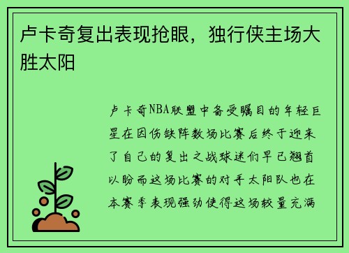 卢卡奇复出表现抢眼，独行侠主场大胜太阳